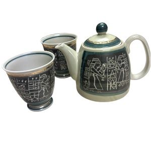 Teapot and two cups Egyptian? hieroglyphs pottery excellent condition no chips